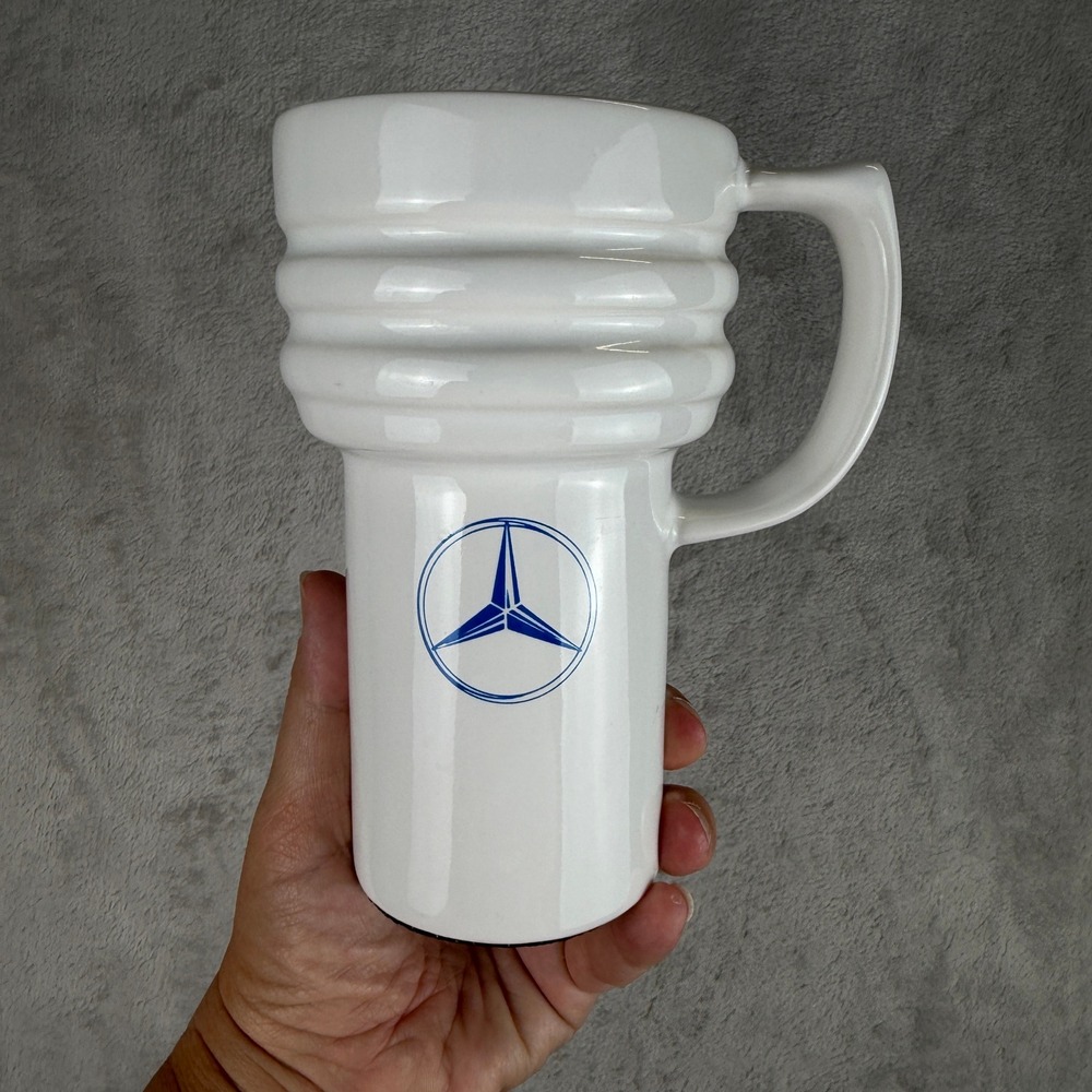 Vintage Mercedes Benz Ceramic Travel Coffee Mug Made in USA White Blue Logo
